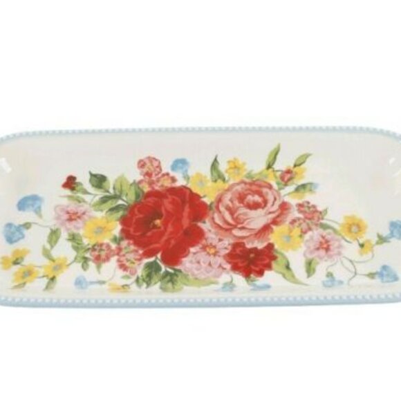 Pioneer Woman Serving Platter Sweet Rose Floral 14.17" Ceramic Tray Blue White - Picture 8 of 9